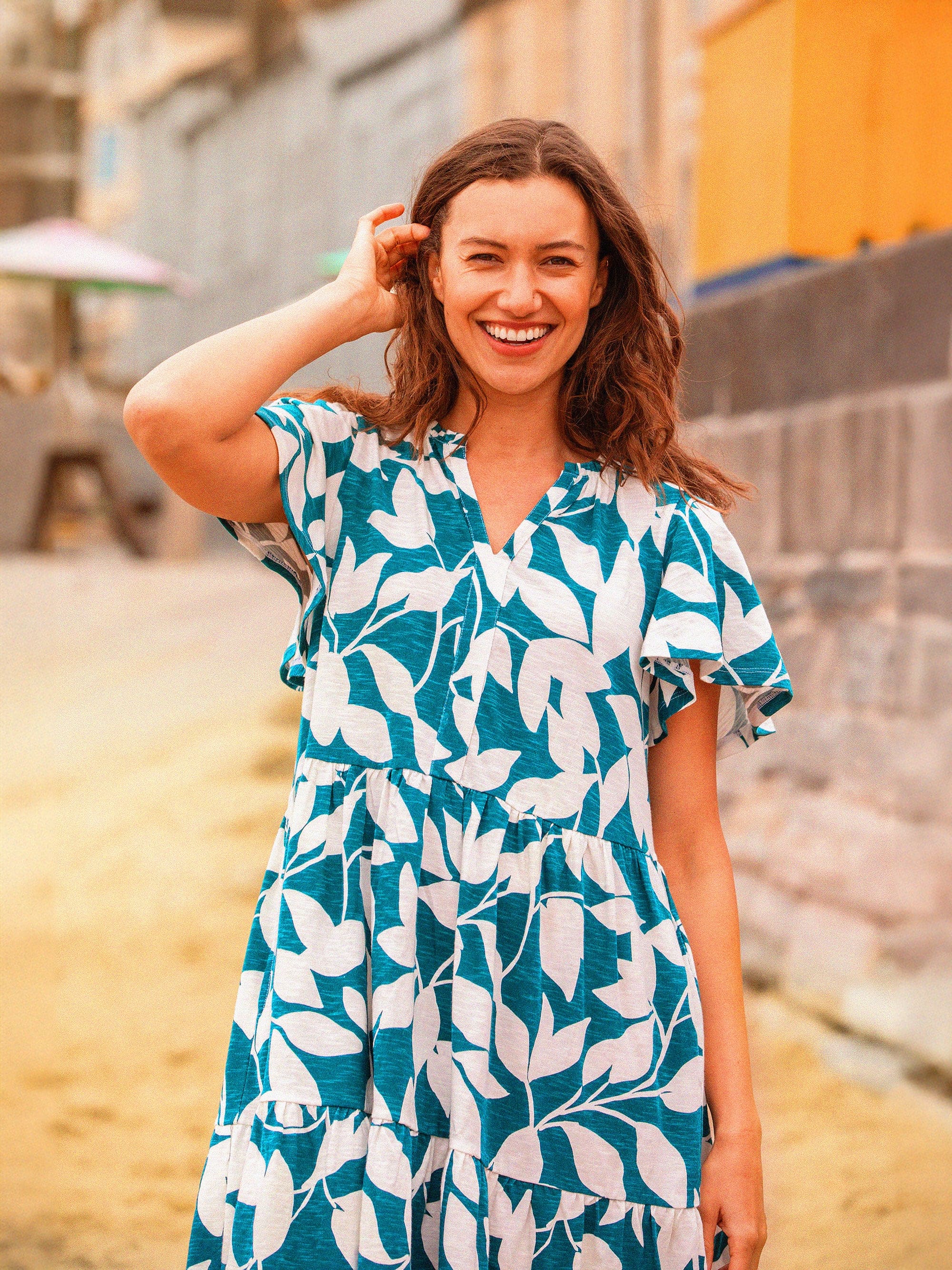 Womens Teal Woodland Leaves Knee Length Dress | Brakeburn Womens Teal Woodland Leaves Knee Length Dress | Brakeburn