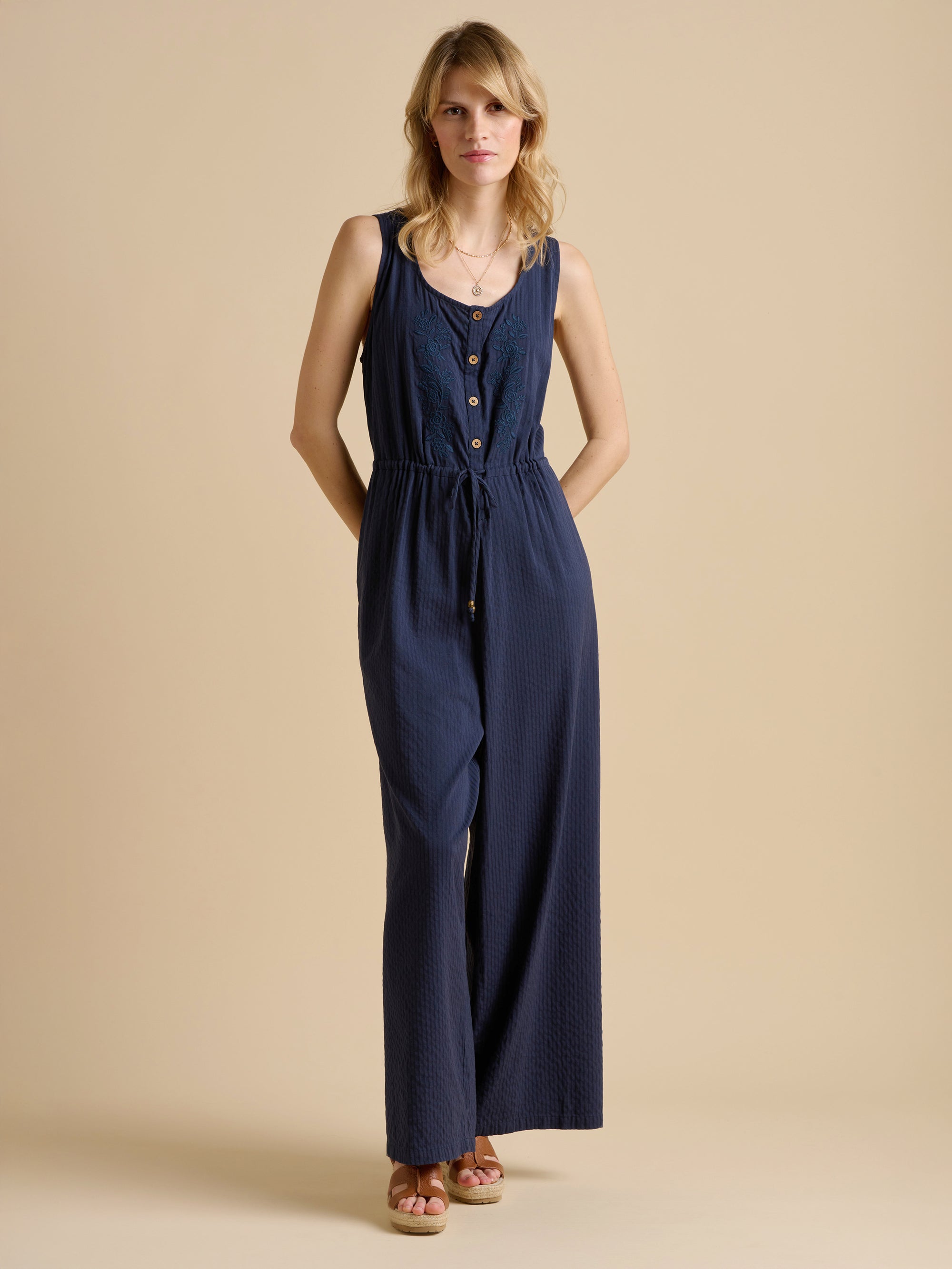 Embroidery Drawstring Tie Jumpsuit