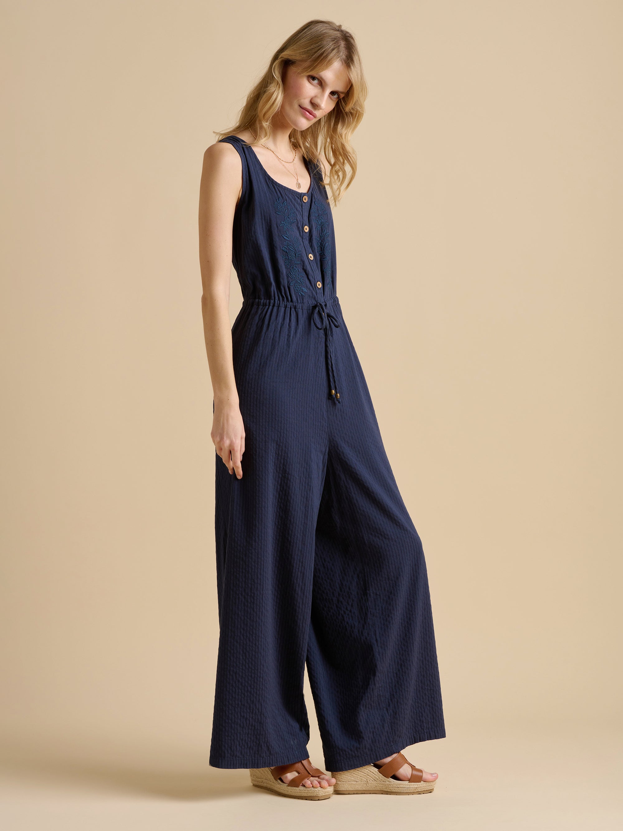 Embroidery Drawstring Tie Jumpsuit