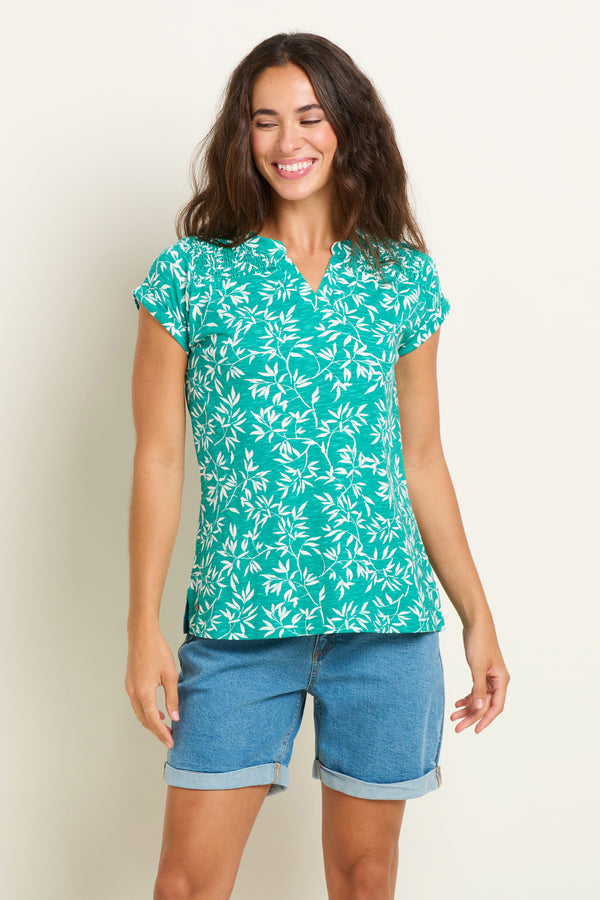 Notch Neck  Bamboo Leaves T-Shirt