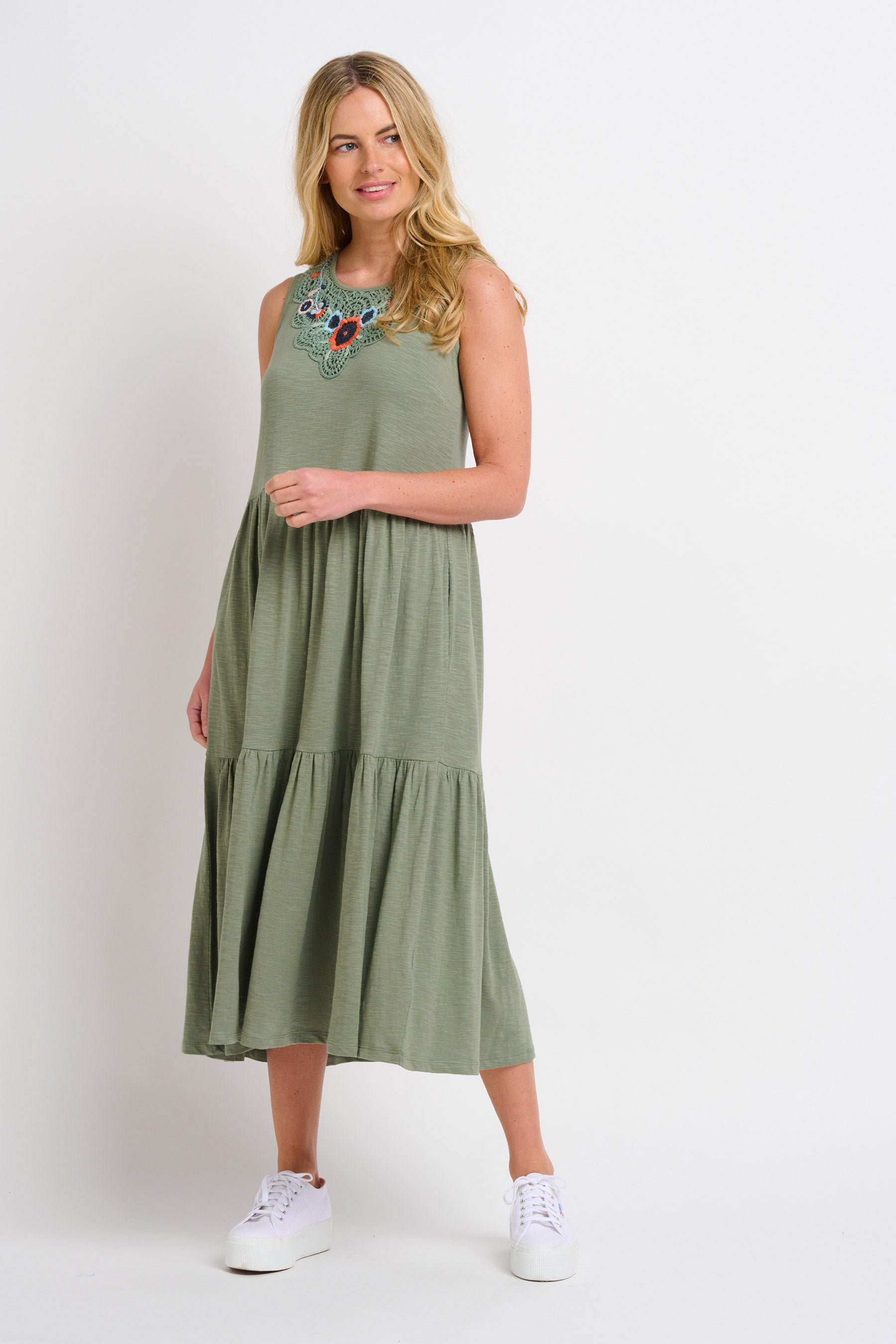 Khaki Clem Embroidered Midi Jersey Dress | Brakeburn Khaki Clem Embroidered Midi Jersey Dress | Brakeburn