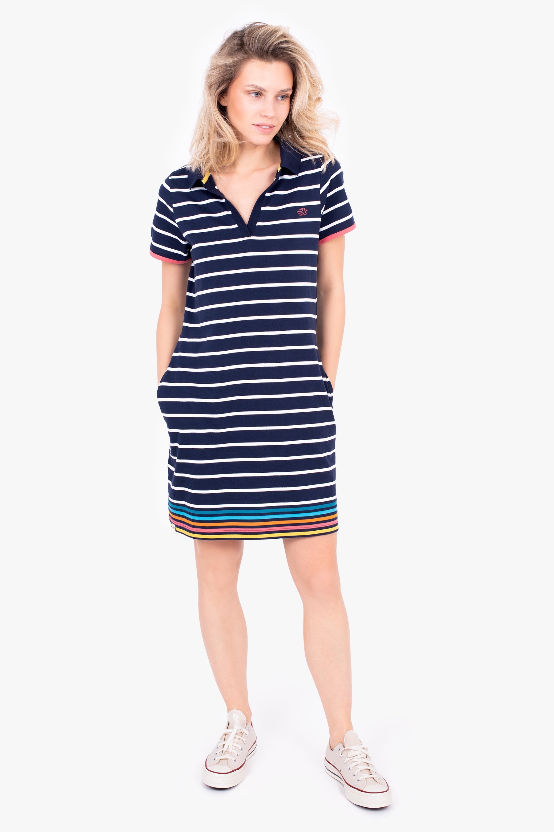 Navy Rainbow Stripes Women's Melody Polo Dress | Brakeburn Navy Rainbow Stripes Women's Melody Polo Dress | Brakeburn