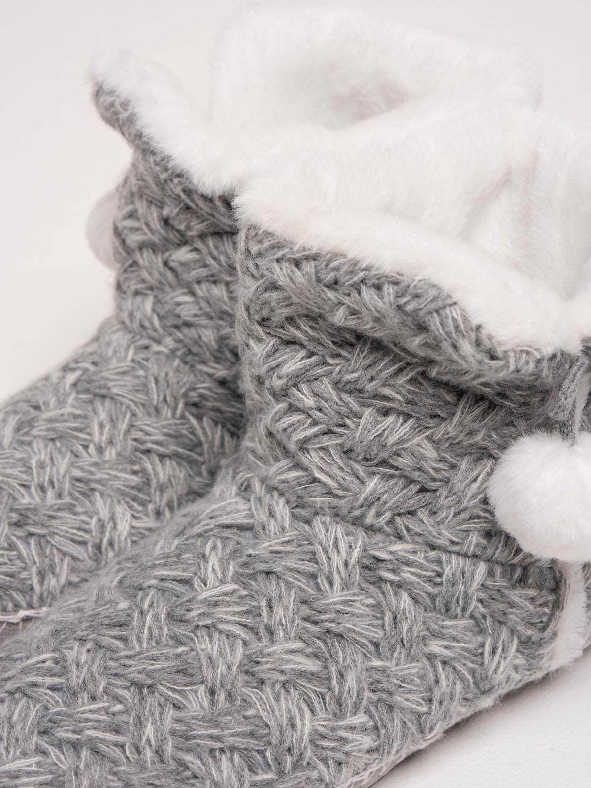 Grey Fancy Stitch Faux Fur Lined Slipper Boot