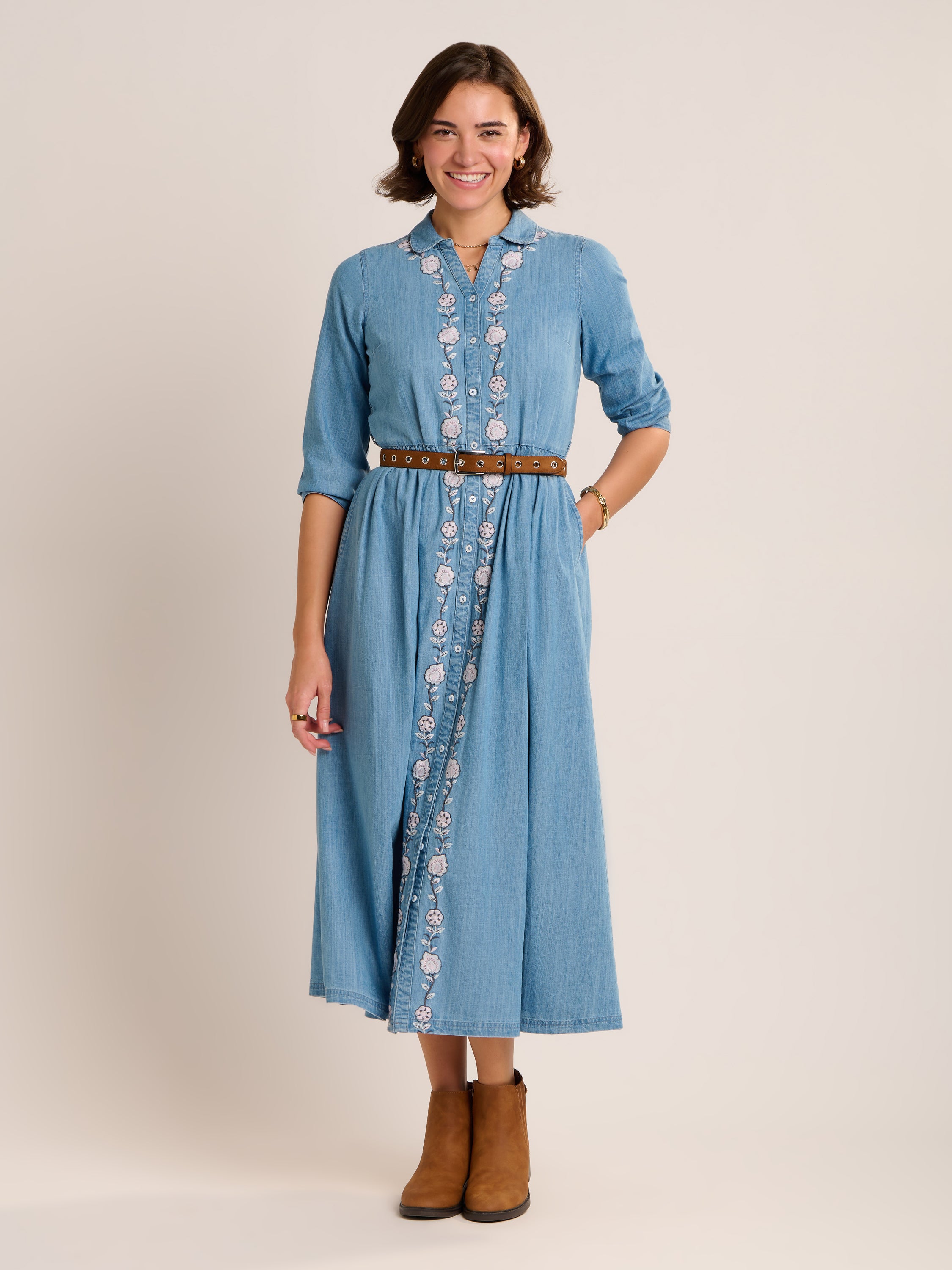Viviana Embroidered Maxi Denim Dress