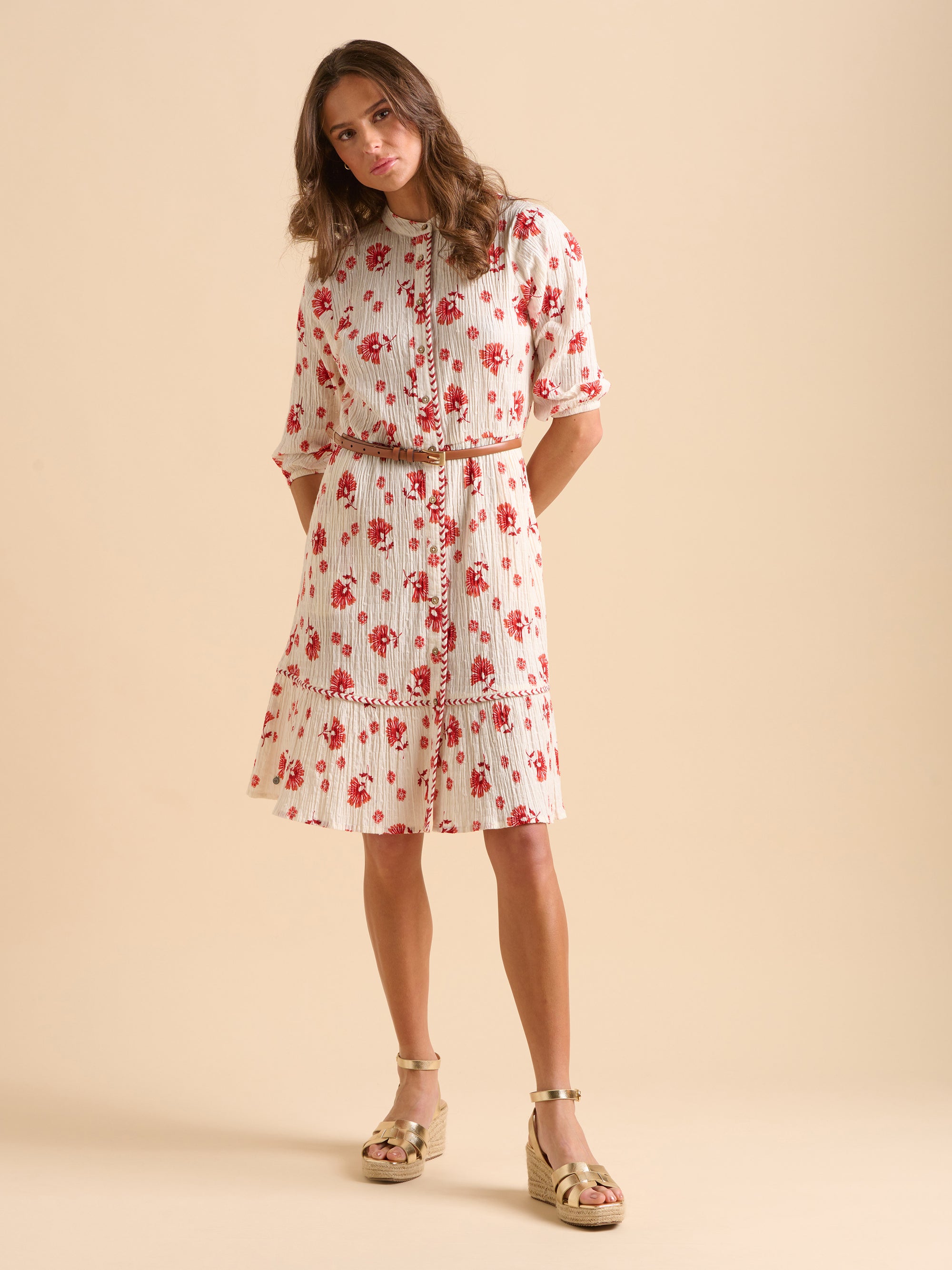 Womens Cream Fan Floral Knee Length Dress