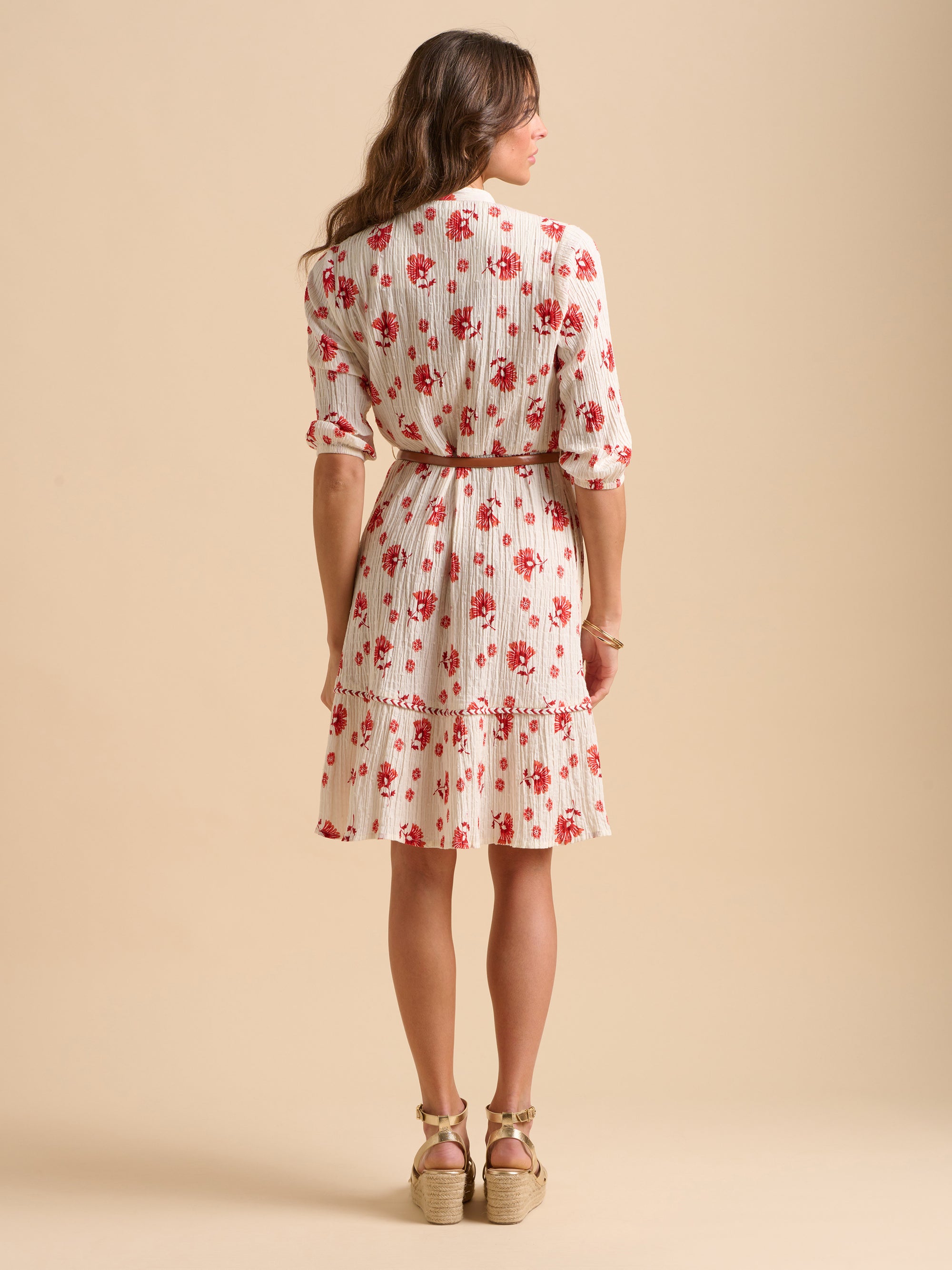 Womens Cream Fan Floral Knee Length Dress