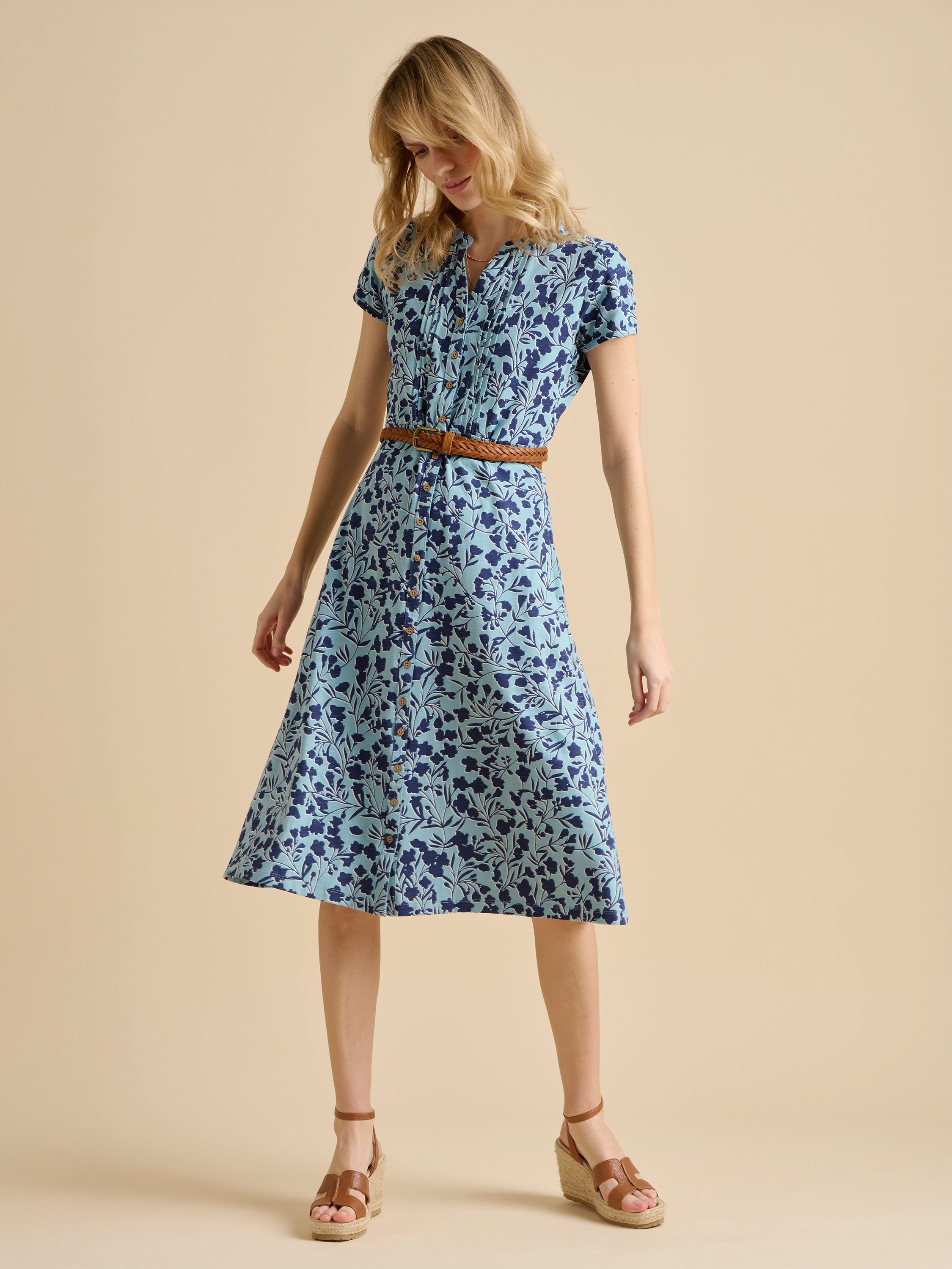 Womens Blue Shadow Floral Midi Dress | Brakeburn