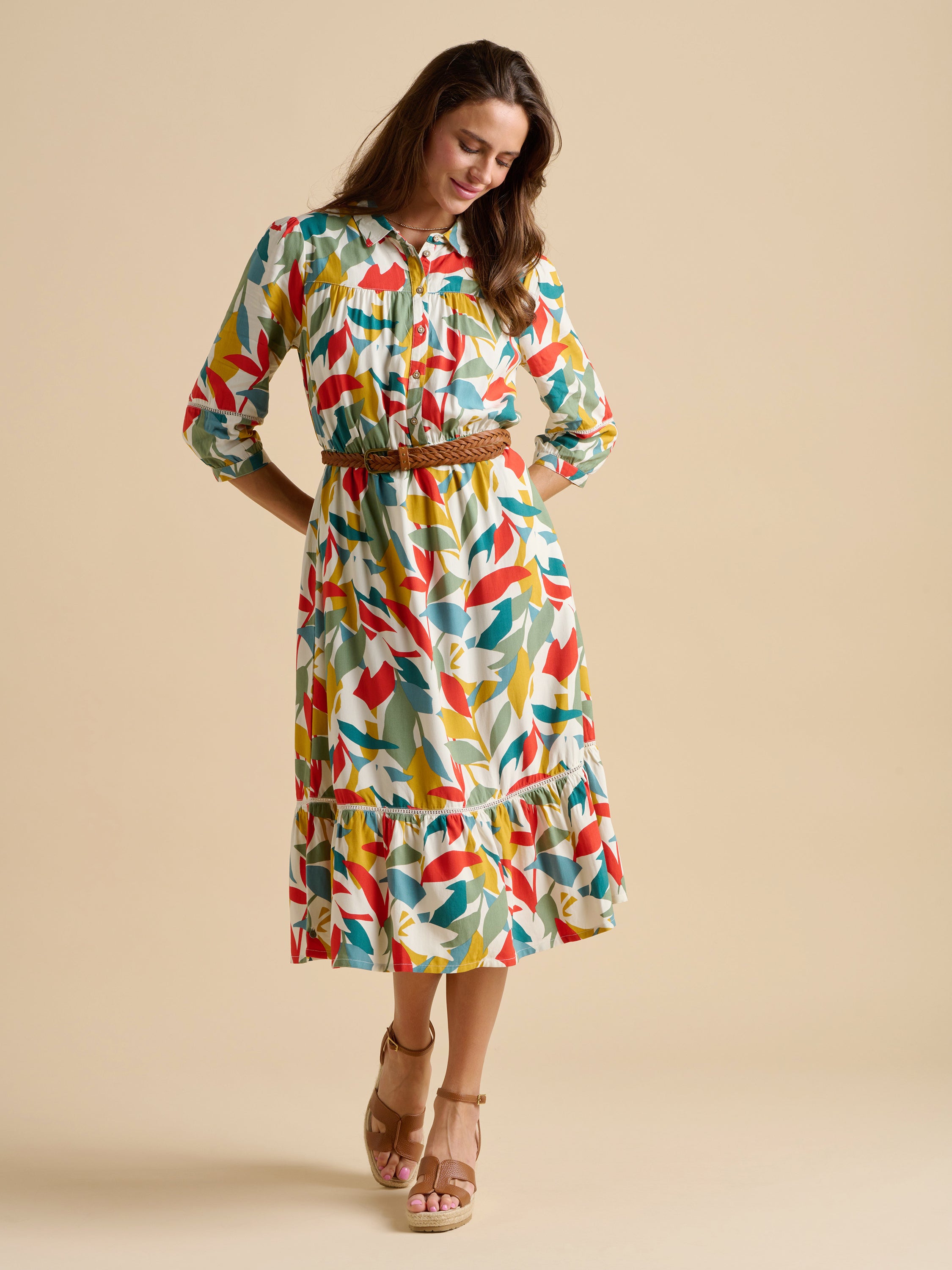 Womens Multi Falling Leaves Midi Dress