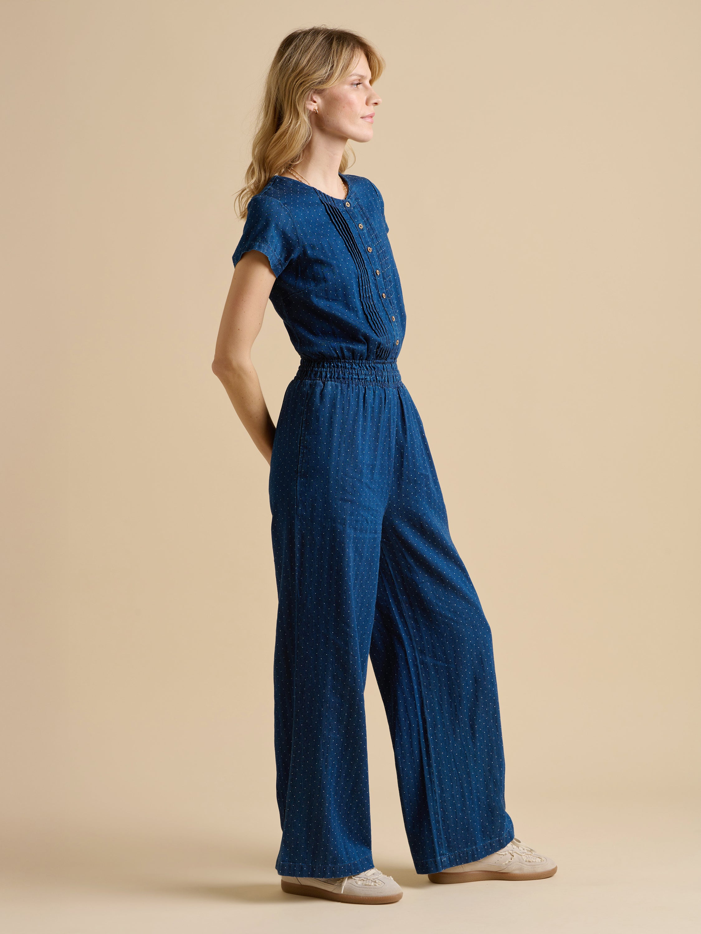 Spot Denim Wide Leg Jumpsuit