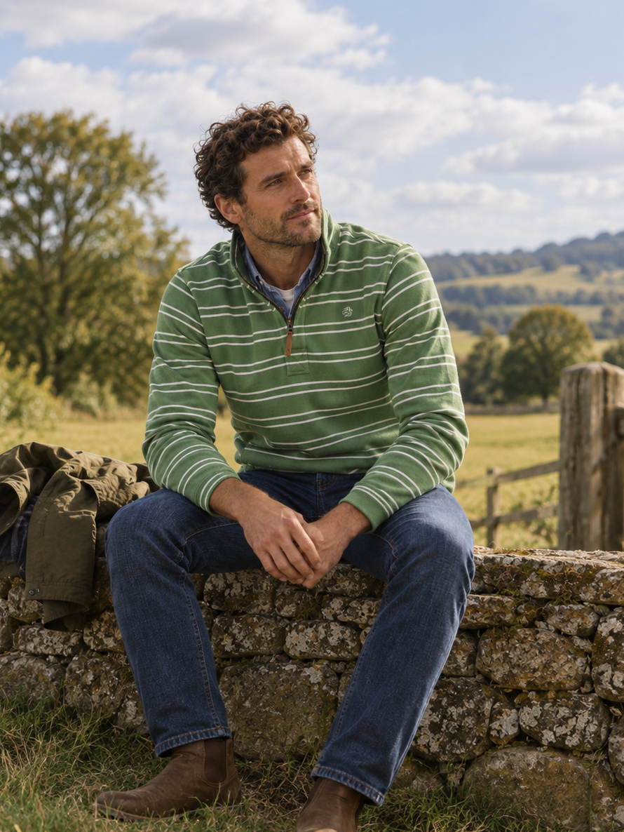 Green Stripe Quarter Zip Sweat
