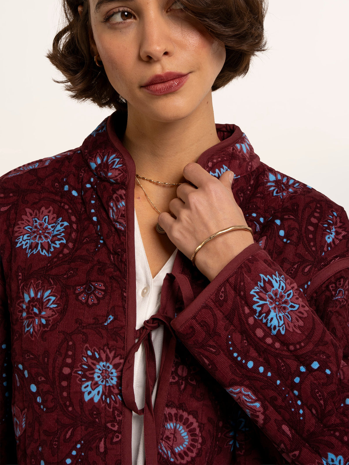 Plum Printed Quilted Tie Front Jacket