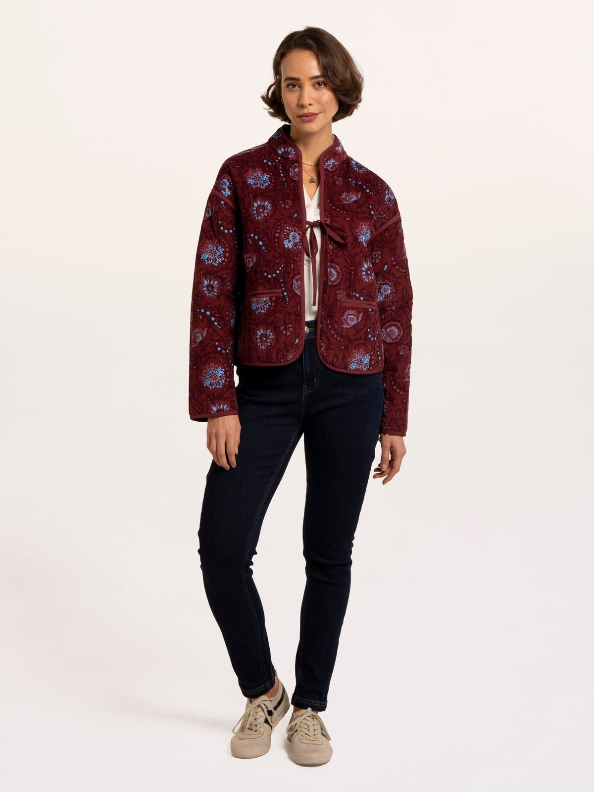 Plum Printed Quilted Tie Front Jacket