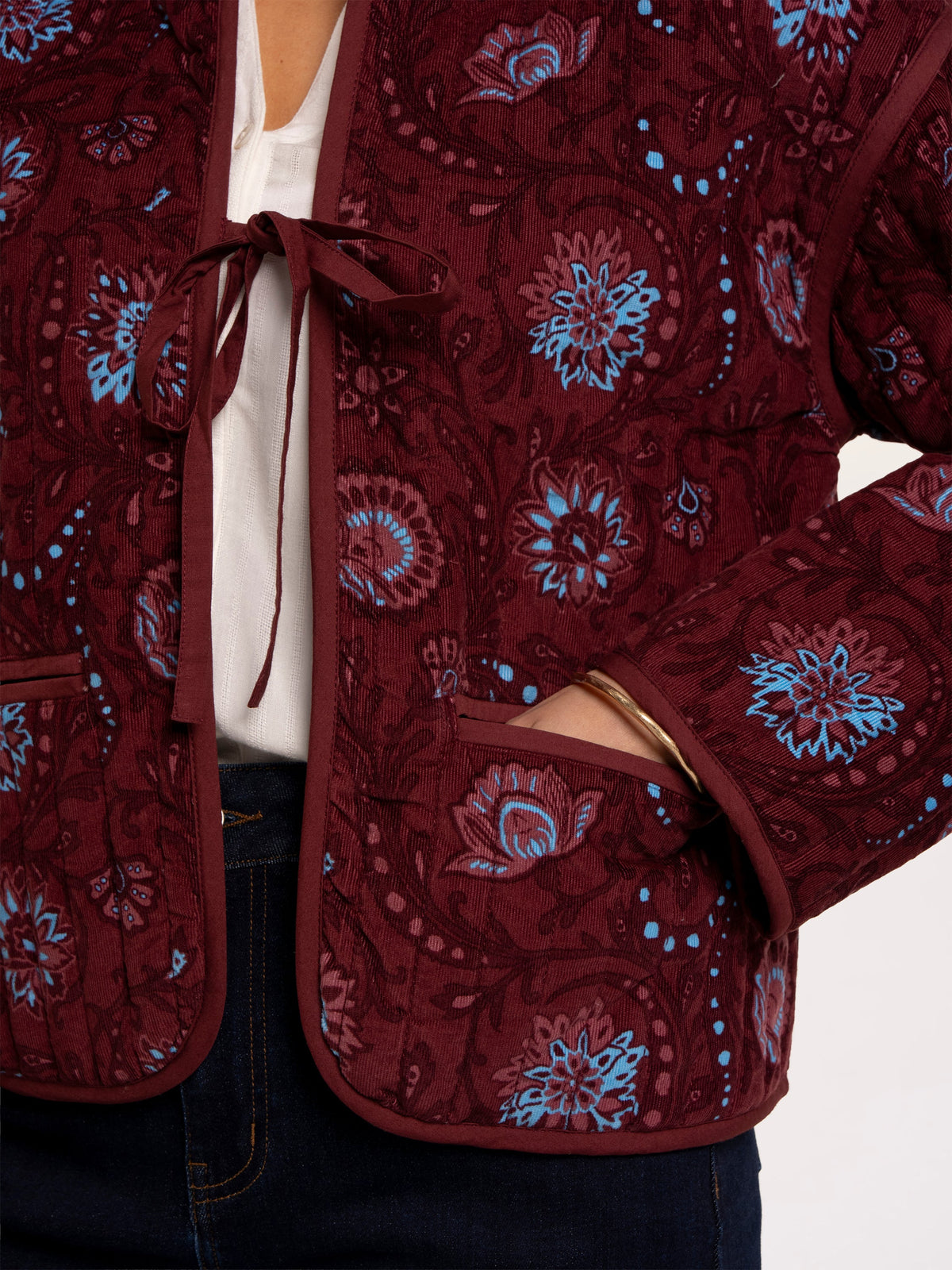 Plum Printed Quilted Tie Front Jacket