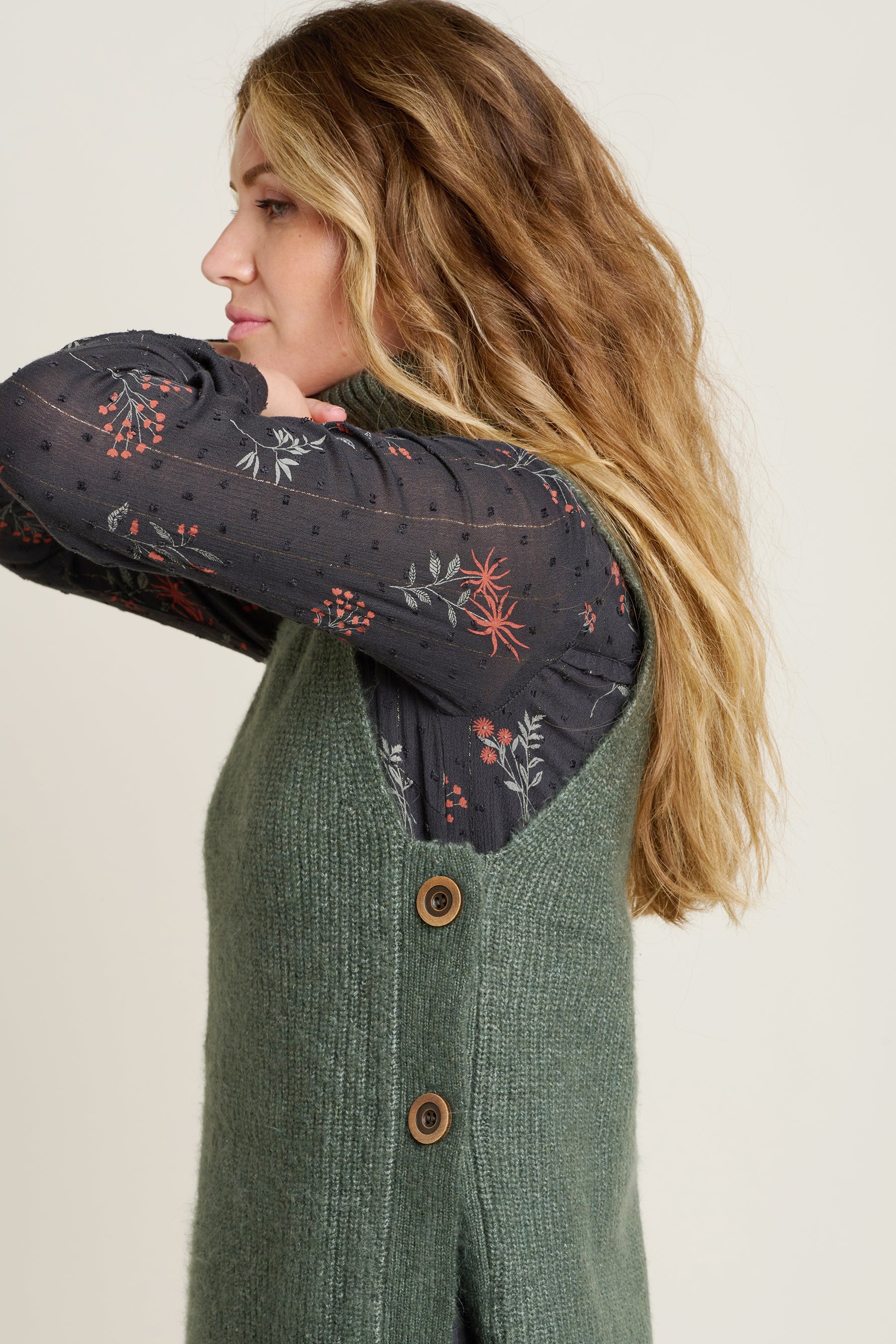 Women's Khaki Button Side Knitted Vest | Brakeburn