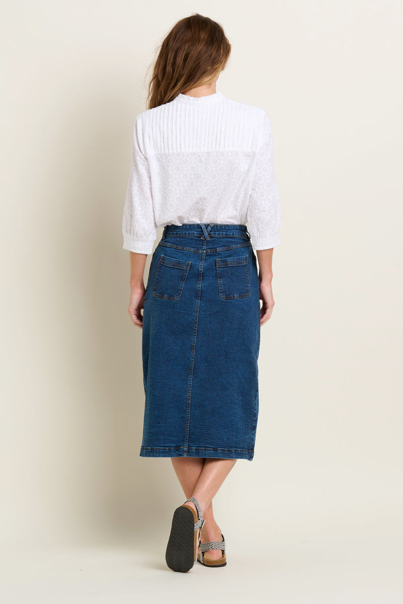 Button Denim Midi Skirt / Blue