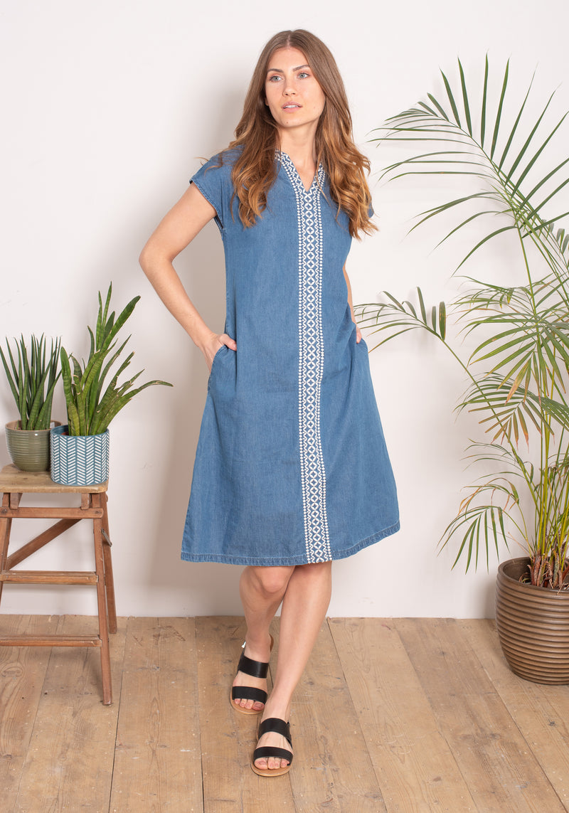 Embroidered Denim Dress