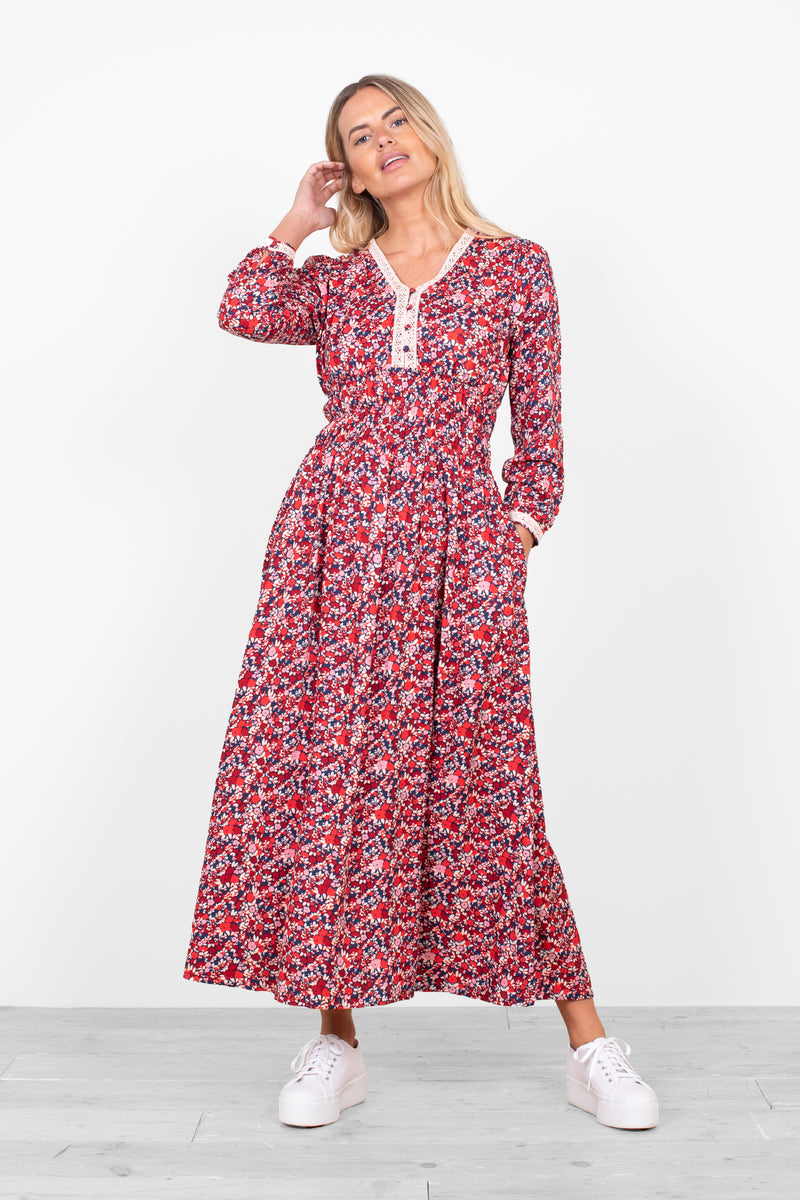 Women's Red Mixed Berry Floral Midaxi Dress