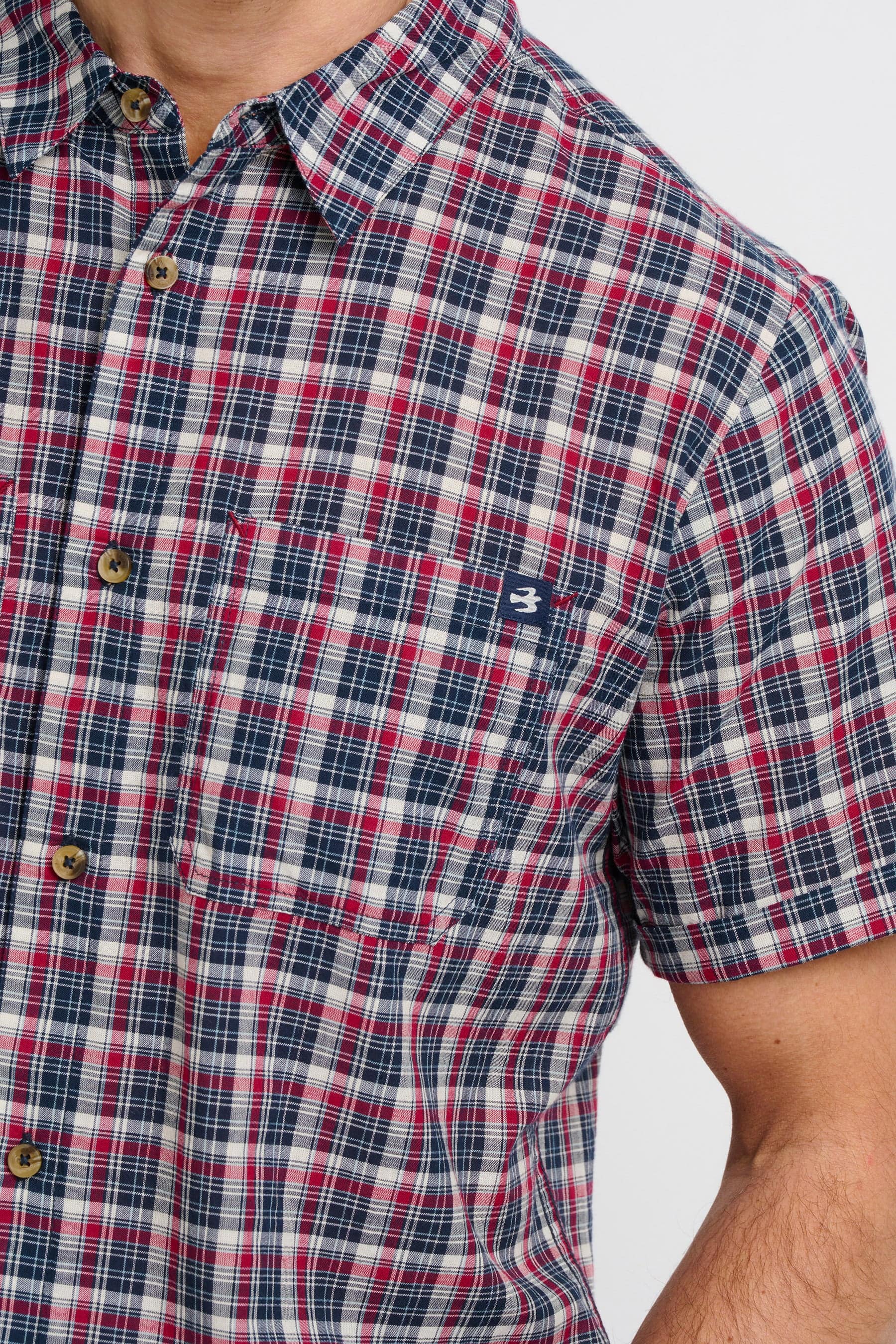 Close-up of a man wearing a red, white, and blue plaid checkered shirt with brown buttons.